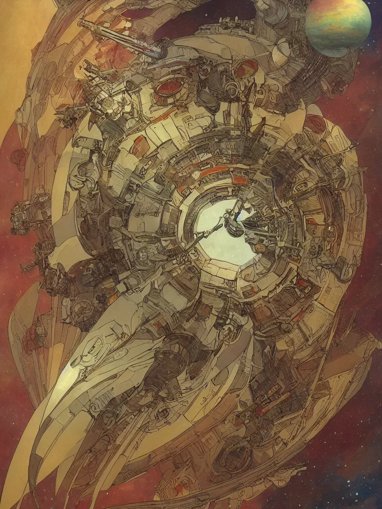 Image similar to Intergalactic highly-detailed ship of war orbiting a ringed planet, by Mucha, trending on ArtStation