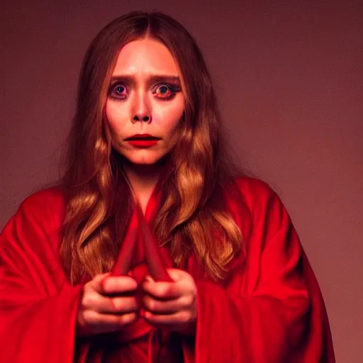 Image similar to a full body image of elizabeth olsen in a red wizards robe casting an evil spell, detailed face, red swirls, ominous lighting, night time, high quality