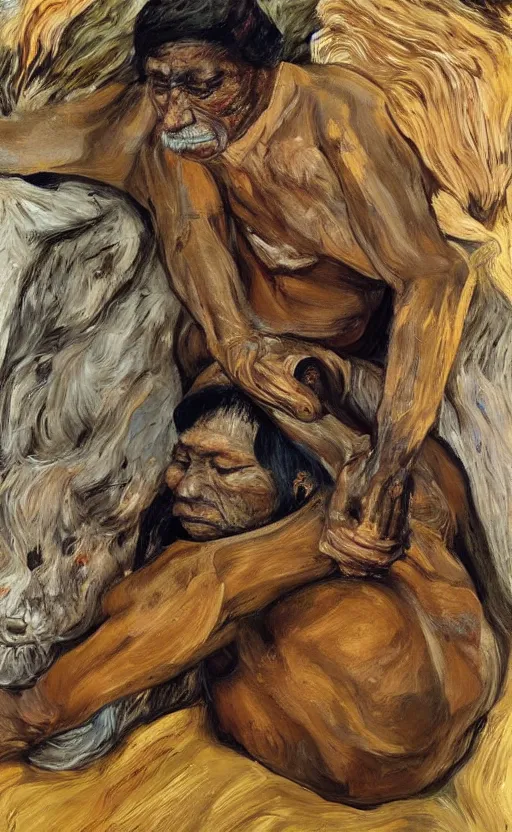 Image similar to full body shot picture of indigenous people leader leaning on a bear, painted by lucian freud, hd, super detailed, realistic, muted colors