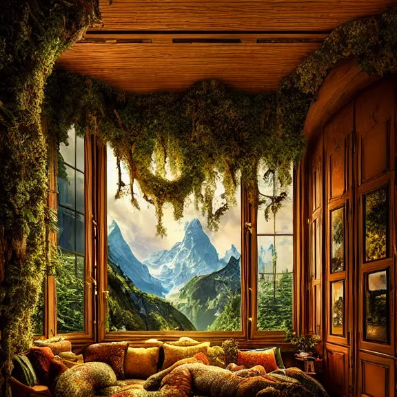 Image similar to fantastical living room with switzerland landscape in the window by marc adamus, beautiful dramatic lighting, overgrown with funghi, style by peter deligdisch, peterdraws