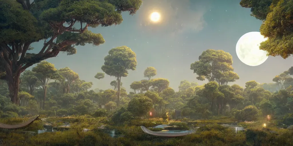 Prompt: planet overgrown with wax moon, visible planets in the sky, hanging trees, floating houses, soda waterfalls, living cheese flying though the sky, Greg Rutkowski, 3d scene, trending on Artstation, 8K, ultra wide angle, pincushion lens effect.