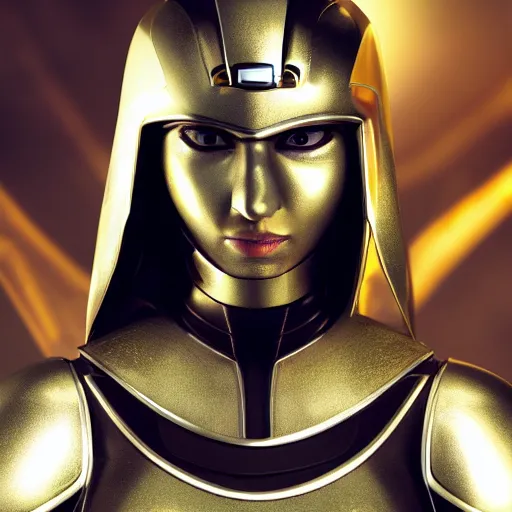 Image similar to a woman hero in a themed futuristic metal suit, super hero, armor, sleek, beautiful face, cinematic pose, sci - fi, egypt themed art, photorealistic, 8 k