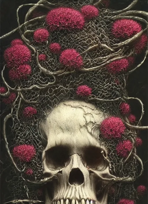 Prompt: skull surrounded by flowers and cobwebs, fog, cinematic shot, denis villeneuve movie still, wayne barlowe, detailed, very coherent, vintage, emil melmoth, fine art,