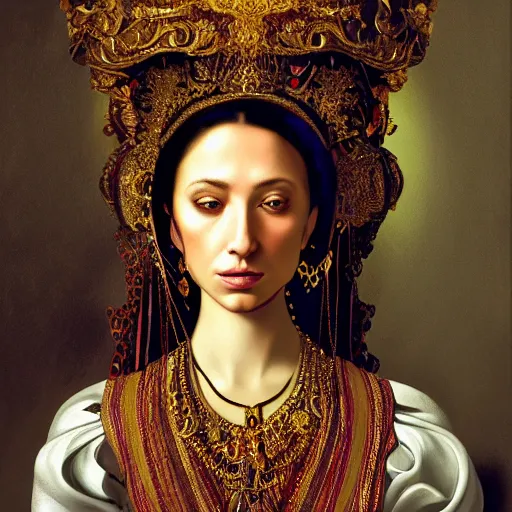 Image similar to portrait, headshot, digital painting, of Mother Ayahuascaa as a 17th century, beautiful female Royal, dark hair, amber jewels, baroque, ornate clothing, scifi, futuristic, realistic, hyperdetailed, chiaroscuro, concept art, art by caravaggio