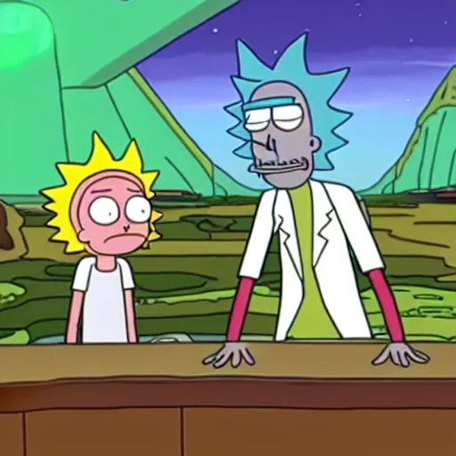 Image similar to Rick and Morty visiting Futurama