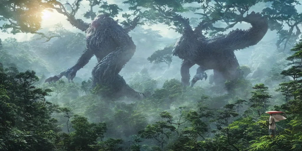 Image similar to close up of a giant monster rising from a forest. view from tree tops, 4 k, artgerm, high detail, dramatic lighting, sunset, hayao miyazaki, masashi ando, nizou yamamoto, kazuo oga, joe hisaishi, yoji takeshige, naoya tanaka