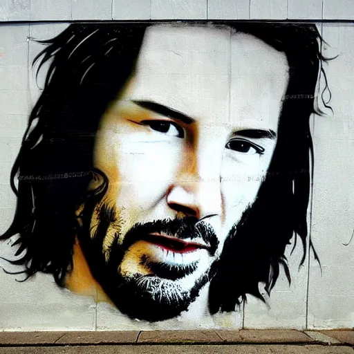 Image similar to Street-art portrait of Keanu Reeves in style of Banksy, photorealism