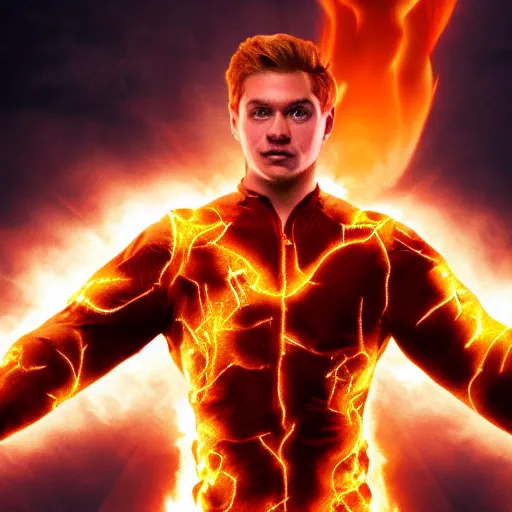 Prompt: rudy pankow as the human torch, hd 4k photo, cinematic lighting