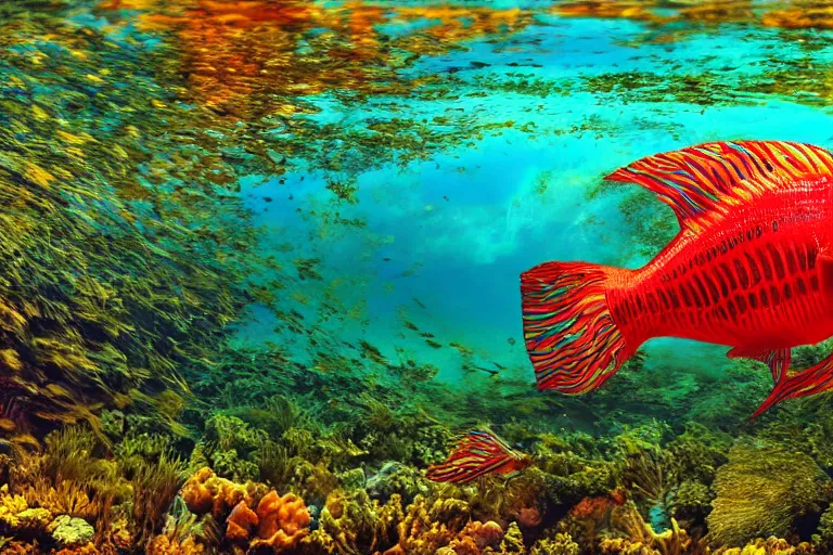 Prompt: ultra realistic underwater photography, panoramic picture of a river with ( subject : one very big exotic brightly coloured fish ). lots of bubbles. wavy, scattered light entering from the water surface, artstation, focus on the fish, extremely hyperrealistic crisply sharp fish, 8 k