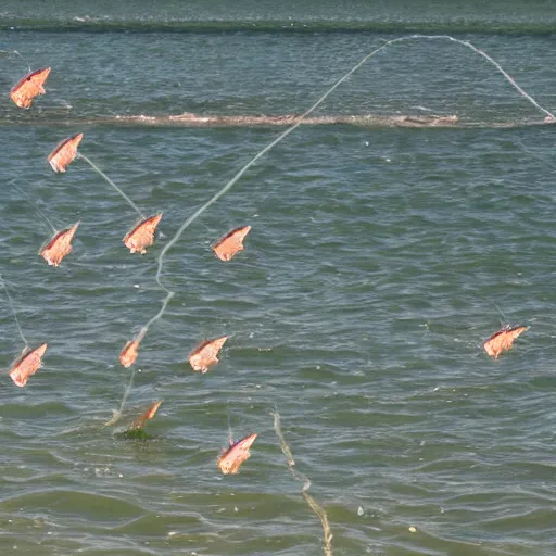 Image similar to army of levitating fish in mid air