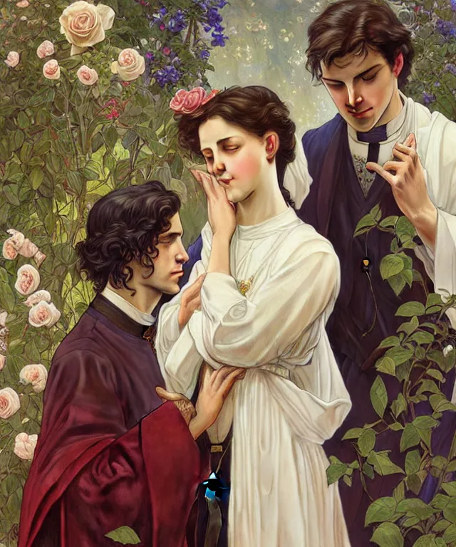 Image similar to two beautiful young catholic priests are in love in the church garden of roses, portrait, intricate, elegant, highly detailed, 20mm film, smooth, sharp focus, art by artgerm and greg rutkowski and alphonse mucha