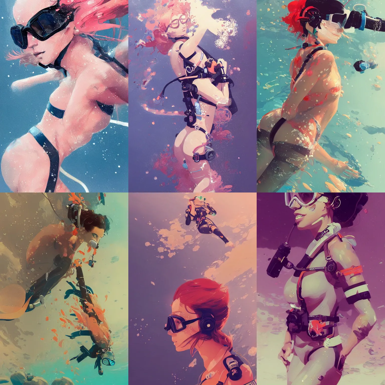 Prompt: a ultra detailed beautiful painting of a cute female scuba diver, underwater setting, by conrad roset, greg rutkowski and makoto shinkai, trending on artstation, 8 k