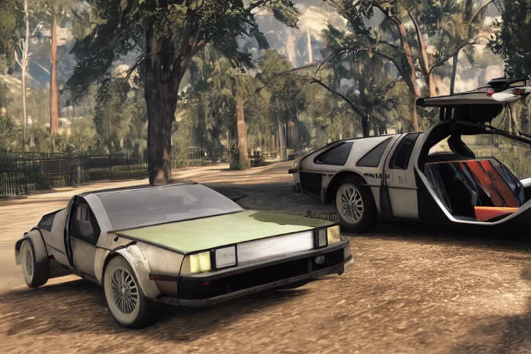 Image similar to photograph of a 1 9 2 2 delorean, by red dead redemption 2, by grand theft auto v