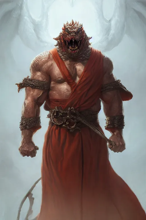 Prompt: strong man with dragon face, wearing a simple robe, highly detailed, d & d, fantasy, highly detailed, digital painting, trending on artstation, concept art, sharp focus, illustration, global illumination, shaded, art by artgerm and greg rutkowski and fuji choko and viktoria gavrilenko and hoang lap