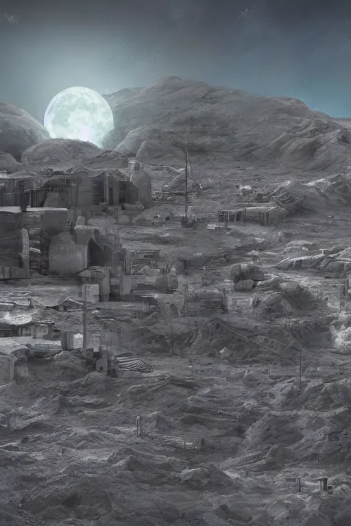 Image similar to terraformed moon colony, earth in background, digital painting, matte painting, small details