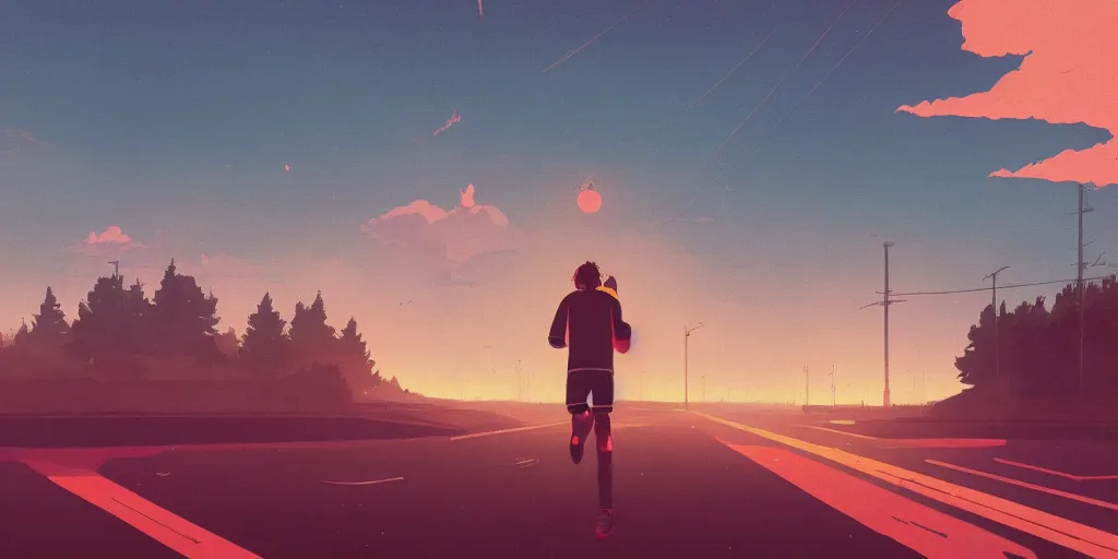 Image similar to Jesus crist running, Portrait, Very Cloudy Sky, Sun, Neon Lights, Subject in Middle, Subject in center, Rule of Thirds, Retrofuturism, Studio Ghibli, Simon Stålenhag