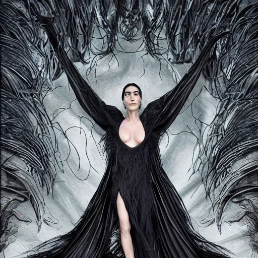 Prompt: jennifer connelly as alien odile the black swan, gray skin, wearing black hooded cloak, huge wings, black feathers instead of hair, black feathers growing out of skin, bumpy skin, screaming, losing control, black feathers growing out of face, black hands with black claws, comic book, giger, mike mignogna, david mack, trending on artstation