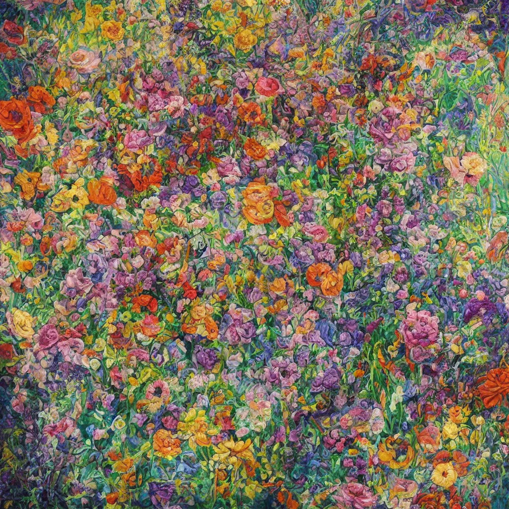 Prompt: This painting is a large canvas, covered in a wash of color. In the center is a cluster of flowers, their petals curling and twisting in on themselves. The effect is ethereal and dreamlike, and the overall effect is one of serenity and peace. black, Baroque, Stranger Things by Sven Nordqvist, by Randolph Caldecott, by Matti Suuronen fantastic, control the soul