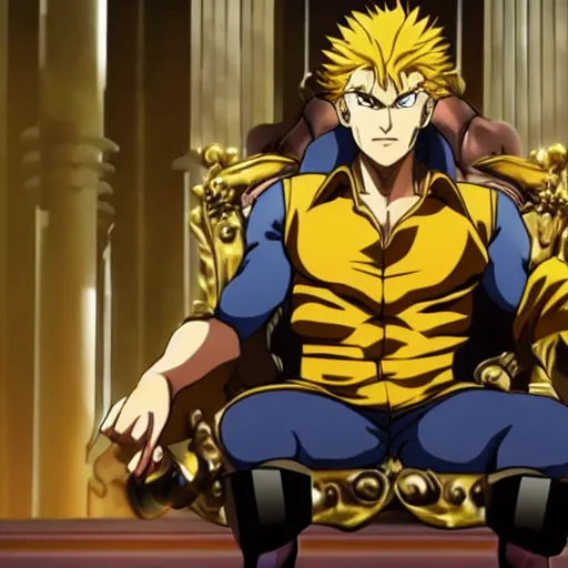 Prompt: dio from jojo's bizarre adventure sitting on a throne, stardust crusaders anime still