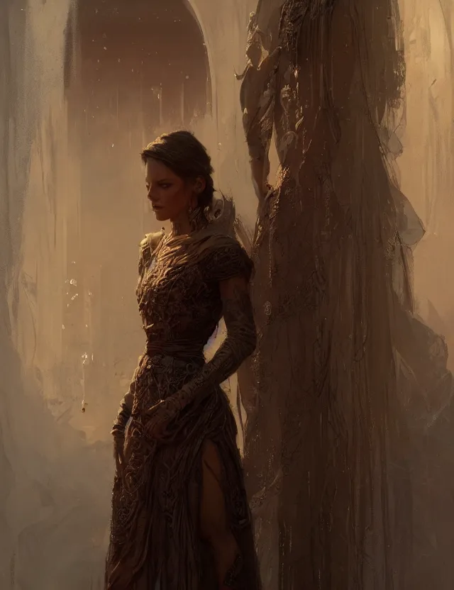 Prompt: portrait of a lady in a long dress, concept art, intricate details, very detailed works by greg rutkowski, gaston bussiere, craig mullins, simon beasley