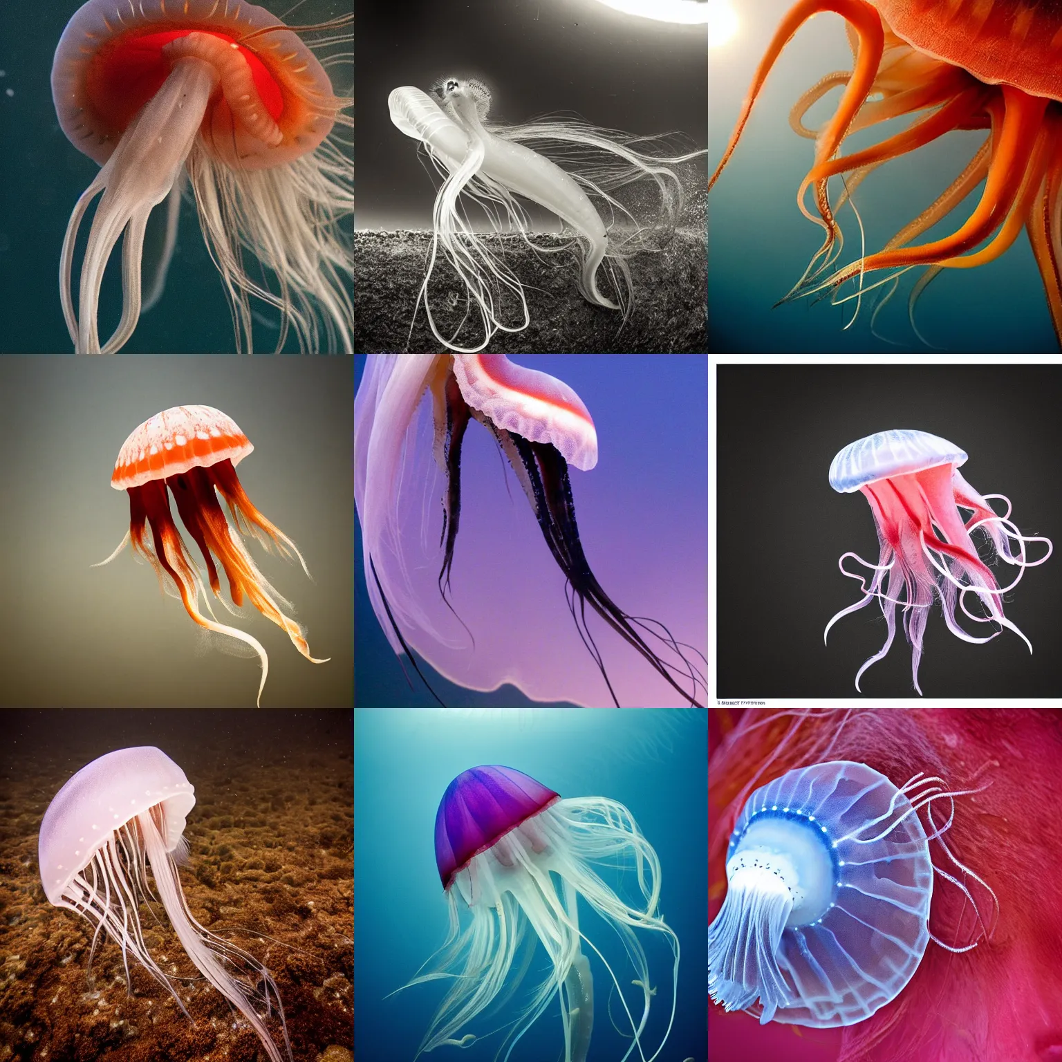 Prompt: a jellyfish-horse-squid, wildlife photography