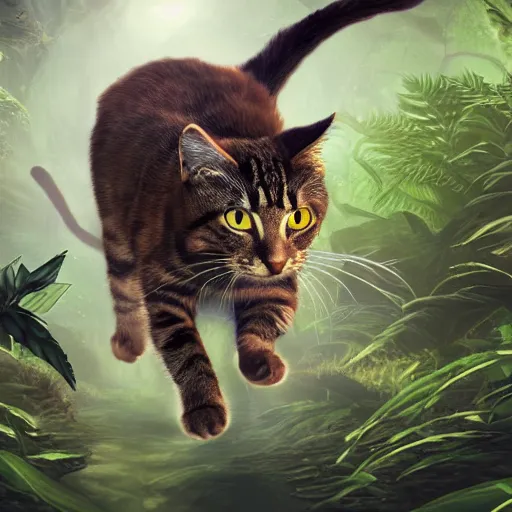 Image similar to fantasy book cover artwork of a cat running through the jungle, ultradetailed, wallpaper, 4k, prismatic