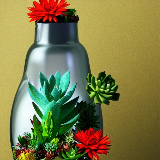 Image similar to Octane render of a cosmic bottle filled with succulents floating in space