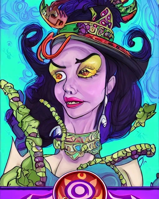 Prompt: the empress of licorice, monster, villainess, D&D character art, candyland, hearthstone, sharp detail, digital painting, character portrait, in the style of don bluth, frank cho, jack kirby, miyazaki, tony diterlizzi, wayne reynolds