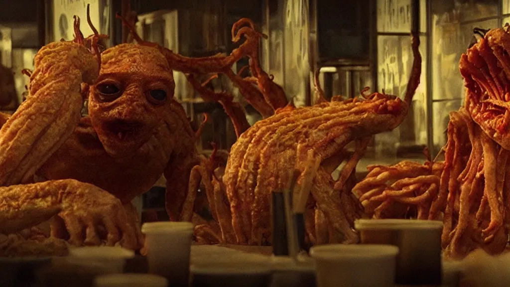 Prompt: the strange creature at the fast food place, they scare my family, film still from the movie directed by denis villeneuve and david cronenberg with art direction by salvador dali and zdzisław beksinski