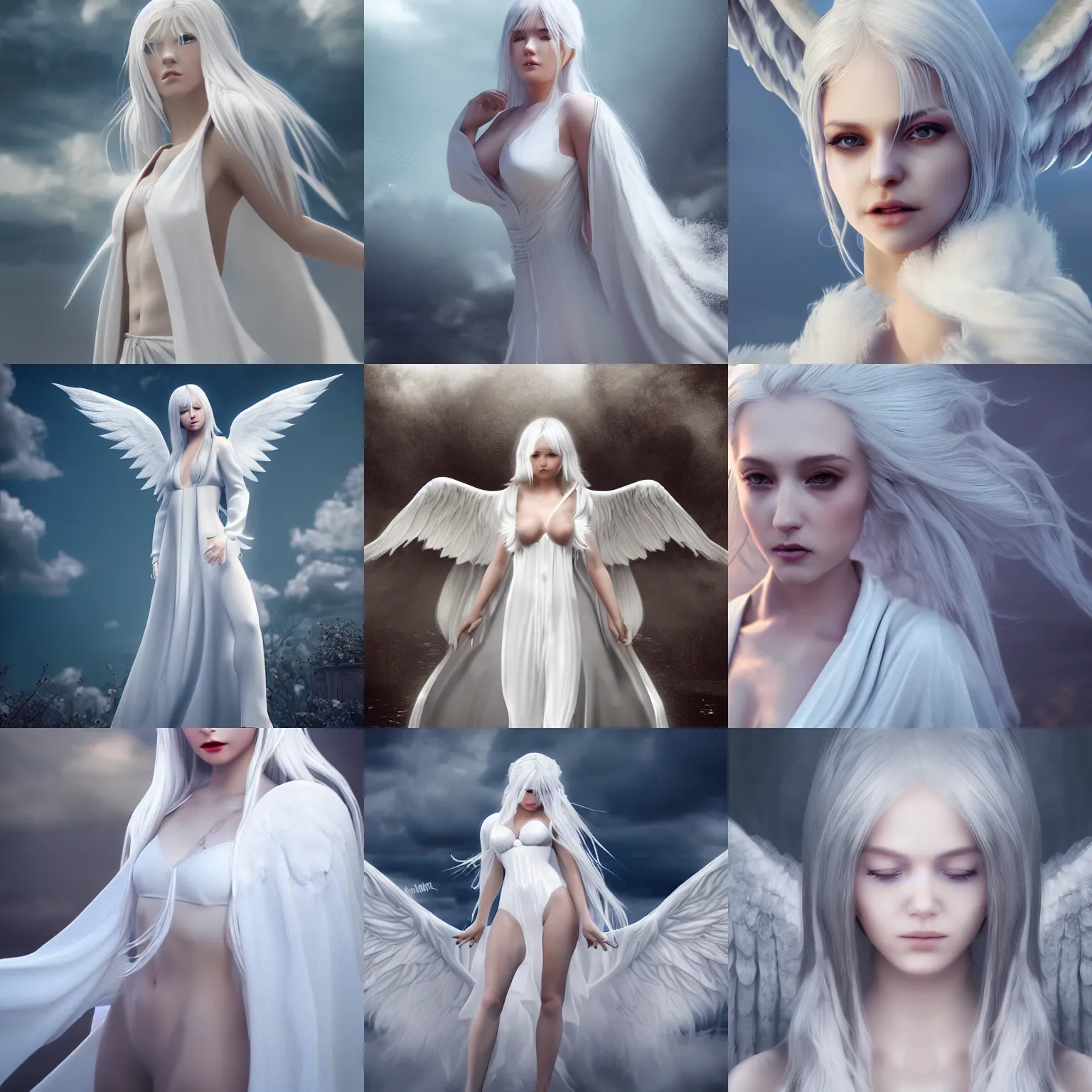Prompt: beautiful female angel in cloudy sky, white hair, white transparent robe, by wlop, cg society contest winner, cinematic paint, unreal engine