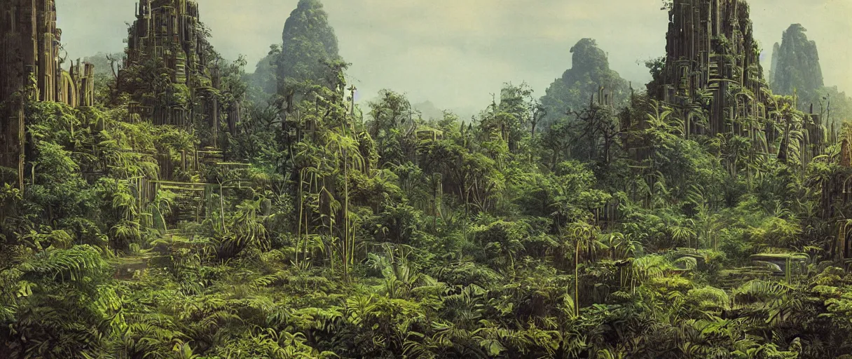 Image similar to matte painting of lost city overgrown with plants, vincent di fate, masterpiece,