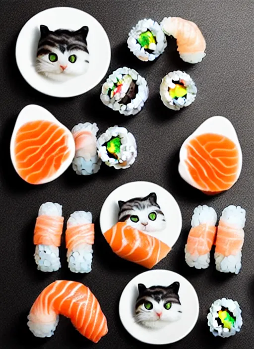 Image similar to clear photorealistic picture of adorable cats made from sushi rice, sitting on sushi plates with wasabi paste and soy sauce