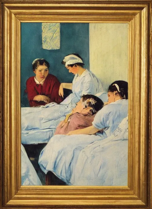 Prompt: vintage beautiful painting of a few nurses taking care of a patient sitting in a bed inside a sanatorium in Mary Cassatt style