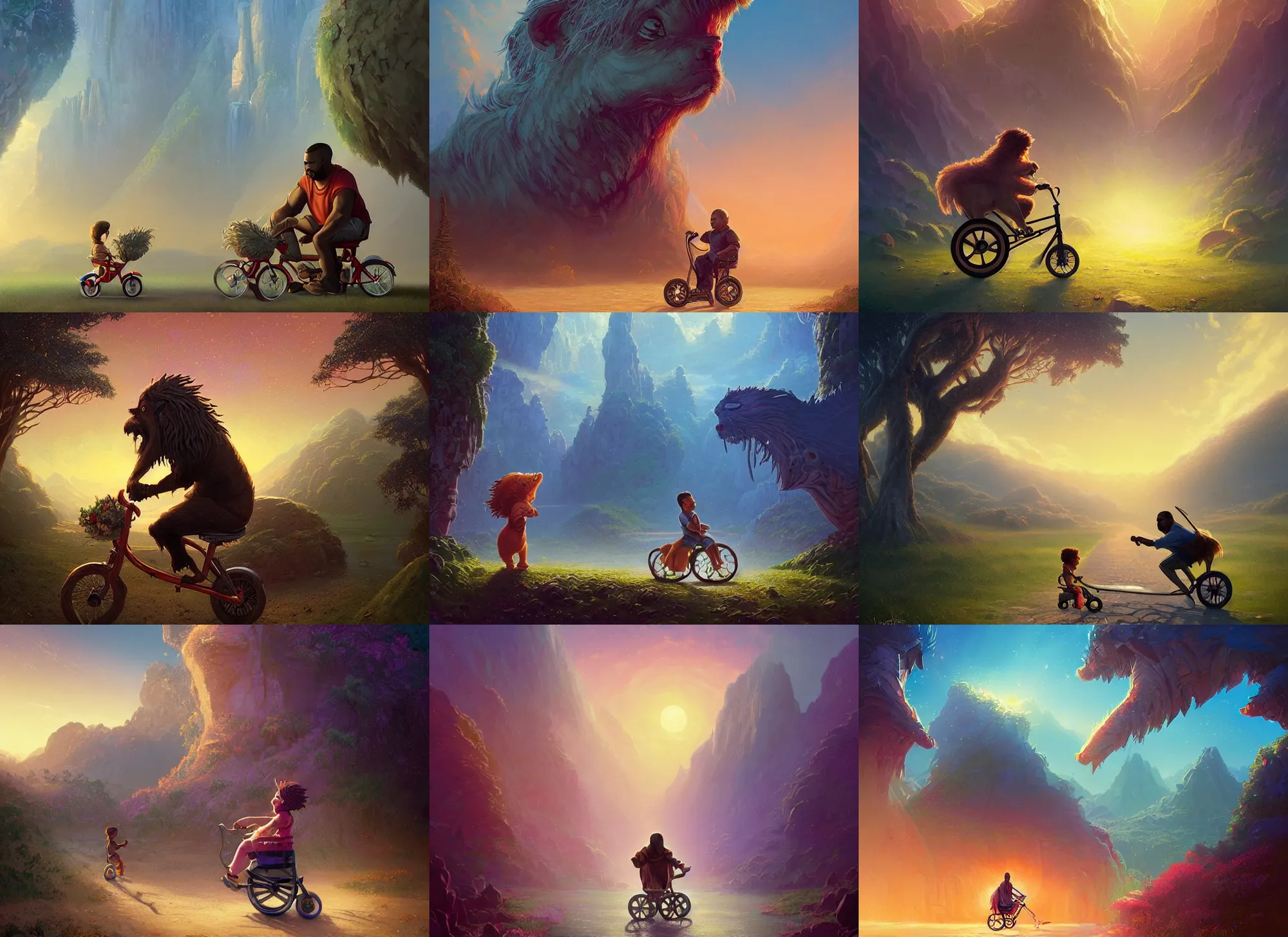 Prompt: epic portrait of Kayne West riding his tricycle in The Chronicles of Narnia , Alena Aenami, Petros Afshar, Noah Bradley, Anton Fadeev, Anato Finnstark, Steve Henderson, Filip Hodas, Mark Keathley, Thomas Kinkade, Phil Koch, Gilbert Williams, Mike Winkelmann, Beeple