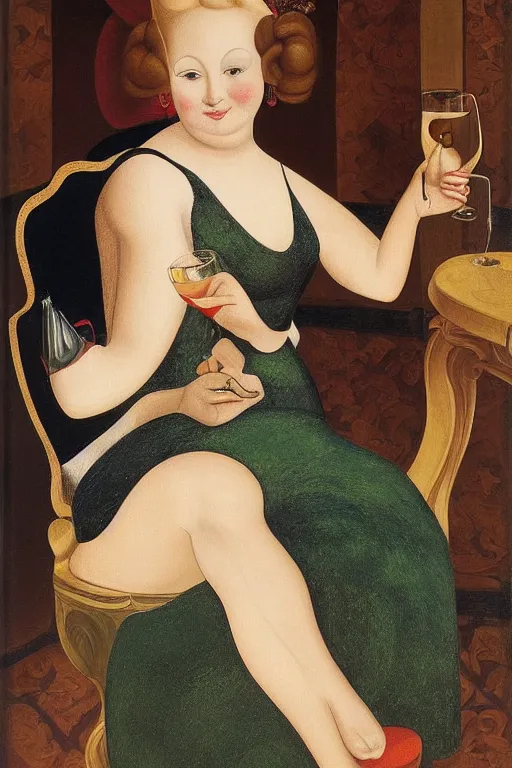 Prompt: portrait of a young woman with blonde hair, wearing an evening dress, drinking champagne, by botero