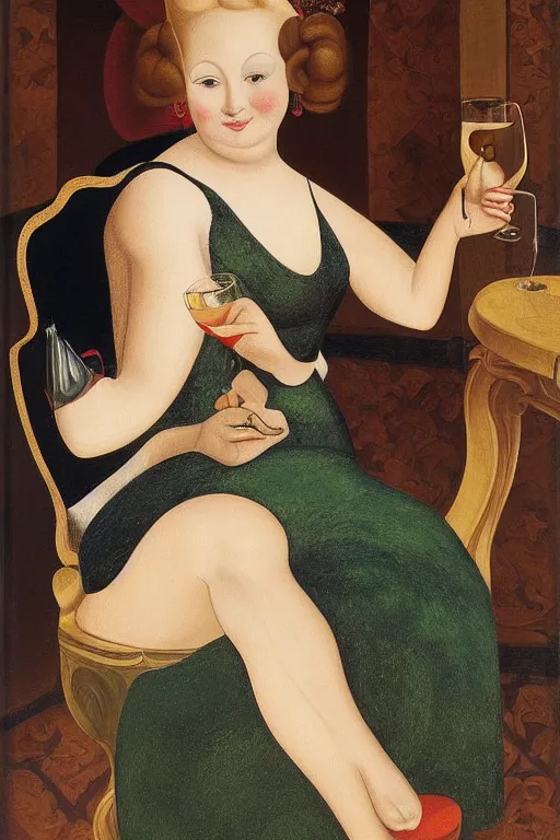 Image similar to portrait of a young woman with blonde hair, wearing an evening dress, drinking champagne, by botero