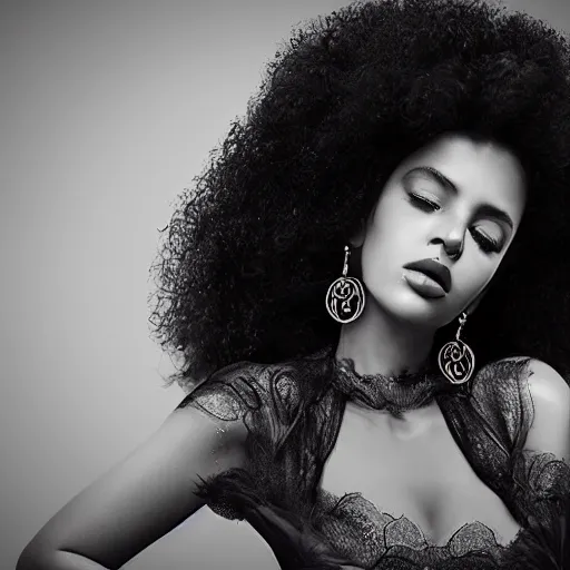 Image similar to gorgeous sultry model with a curly afro, cinematic pose, intricate hair details, jewellery, big hooped earrings, long nails, off the shoulder shirt, soulful, pouty lips, real life details, soft shadows, sharp focus, volumetric lights, rim light, character details, 3 d, award winning, model, beautiful, gorgeous