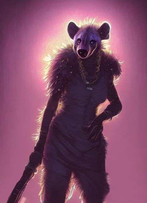 Prompt: beautiful full-body portrait commission of a [female furry anthro!!! spotted hyena fursona] [wearing jedi robes] [in a cyberpunk city at night in the rain]. Neon light. Atmospheric. Renowned character illustration by greg rutkowski, thomas kindkade, alphonse mucha, loish, norman rockwell. detailed, dungeons and dragons character art