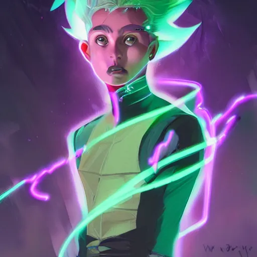 Prompt: Young Danny phantom with glowing green eyes and sharp teeth fangs alt art fashion punk, art by WLOP and Charlie Bowater and WLOP and Mark Arian and Ross Tran + neon colors, symmetry,A digital matte intricate illustration concept art , intricate complexity, epic composition, magical atmosphere, highly detailed, cinematic lighting + masterpiece, trending on artstation + 8k