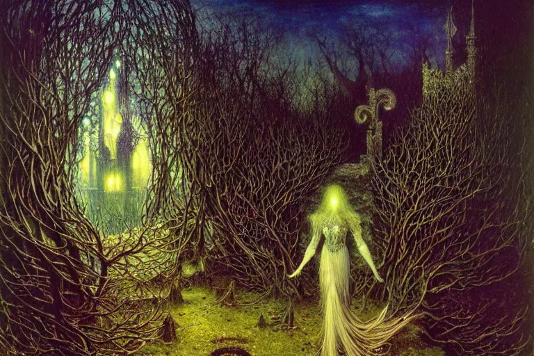 Image similar to knight in enchanted lovecraftian garden by jean delville, luis royo, beksinski, grimshaw