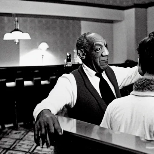 Prompt: Bill Cosby as Lloyd the Bartender in Stanley Kubrick's The Shining, 70mm restoration, Overlook Hotel Bar Room, Mixing Drinks behind bar, wide shot, deep focus, photographed by stanley kubrick