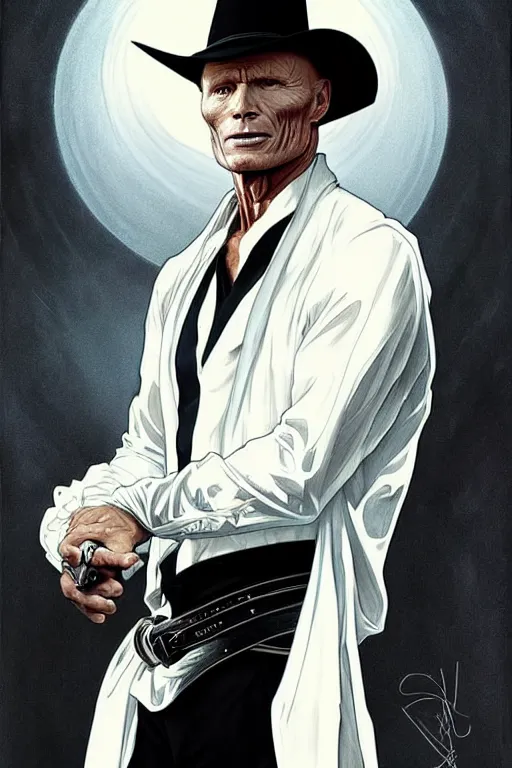 Image similar to ed harris as the man in black, westworld, wearing an all white outfit in the style of art by artgerm and greg rutkowski and alphonse mucha