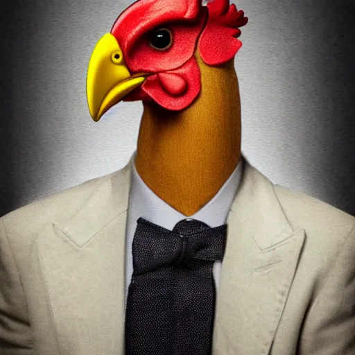 Image similar to a high quality photo of a chicken wearing a suit, 8k, digital art