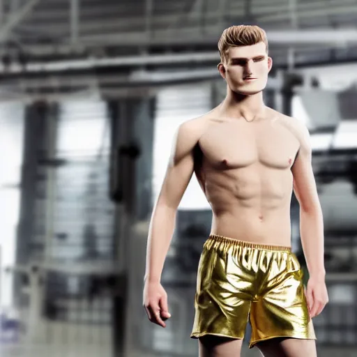 Prompt: a realistic detailed photo of a guy who is an attractive humanoid who is half robot and half humanoid, who is a male android, soccer players martin ødegaardtimo werner, shiny skin, posing like a statue, blank stare, in a factory, on display, showing off his muscles, gold soccer shorts, side view, looking at each other mindlessly
