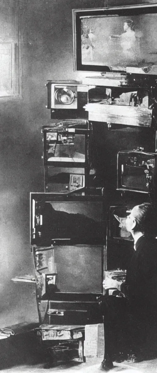 Image similar to 1 9 0 0 s photo of a person watching a flat screen hd tv