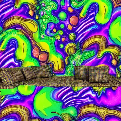 Prompt: psychedelic trippy couch in forest, planets, milky way, sofa, cartoon world, donserly brothers vs. the beef sisters, chesterfield, green, purple, blue, fight night