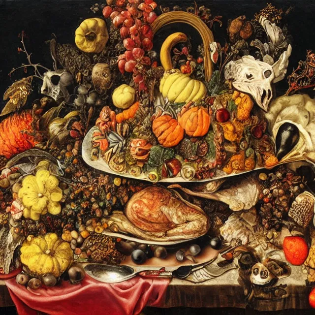 Image similar to victorian thanksgiving feast, black background, vanitas, still life by giuseppe arcimboldo, intricate high detail masterpiece