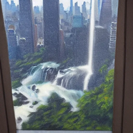 Image similar to an hyper - realist oil painting of waterfalls from the empire state building's windows, from below, wide angle, water falling from the windows, new york background, detailled, sharp focus, realistic, trending on artstation, cg society, 8 k, unreal