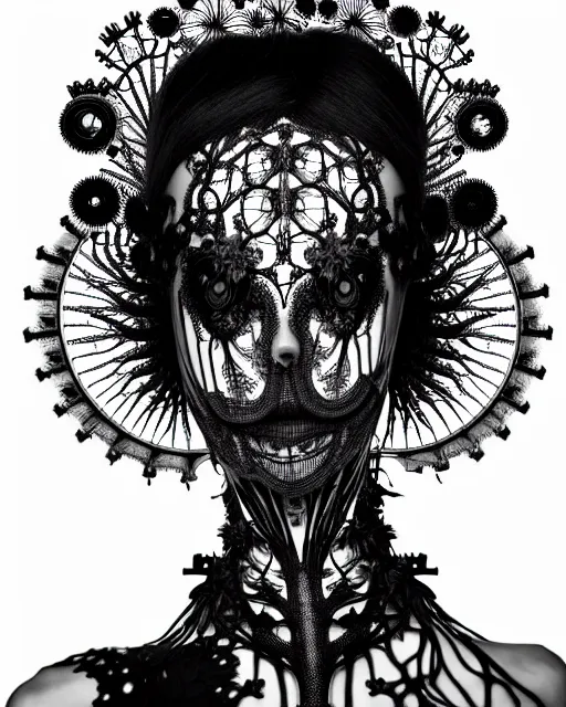 Image similar to surreal dark poetic black and white photo portrait of complex bio-mechanical beautiful young silver female vegetal-cyborg with a Mandelbrot fractal steampunk metal fine lace face, a very long neck and a fine metal floral foliage super big lace collar by Alexander McQueen:: smoke, high fashion, haute couture, rococo, steampunk, silver filigree details, anatomical, facial muscles, cable wires, microchip, elegant, dreamy, foggy atmosphere, hyper realistic, 150 mm lens, soft rim light, octane render, unreal engine, picture was taken in 1910 by Man Ray, volumetric lighting, dramatic light,8k,