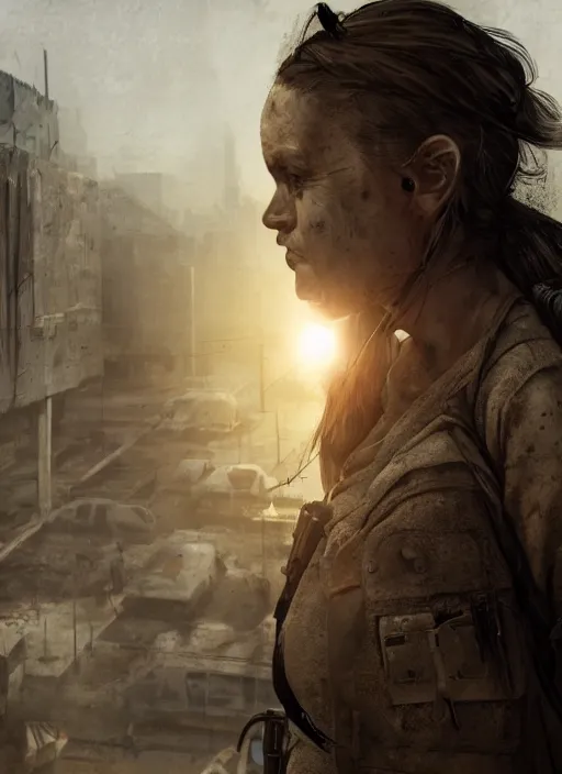 Prompt: portrait of a survivalist woman in a post apocalyptic city at dawn, beautiful digital concept art trending on artstation, ultra - realistic lifelike high details, cinematic lighting dystopian art